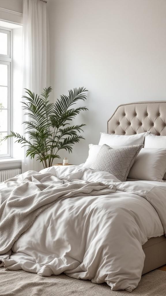 A cozy bedroom with luxurious bedding, featuring a white duvet, textured throw, and decorative pillows, complemented by a plant in the corner.