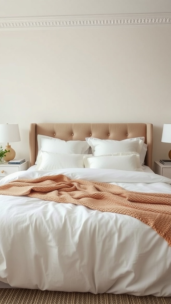 A luxurious bed with a soft headboard, white bedding, and a textured throw blanket.