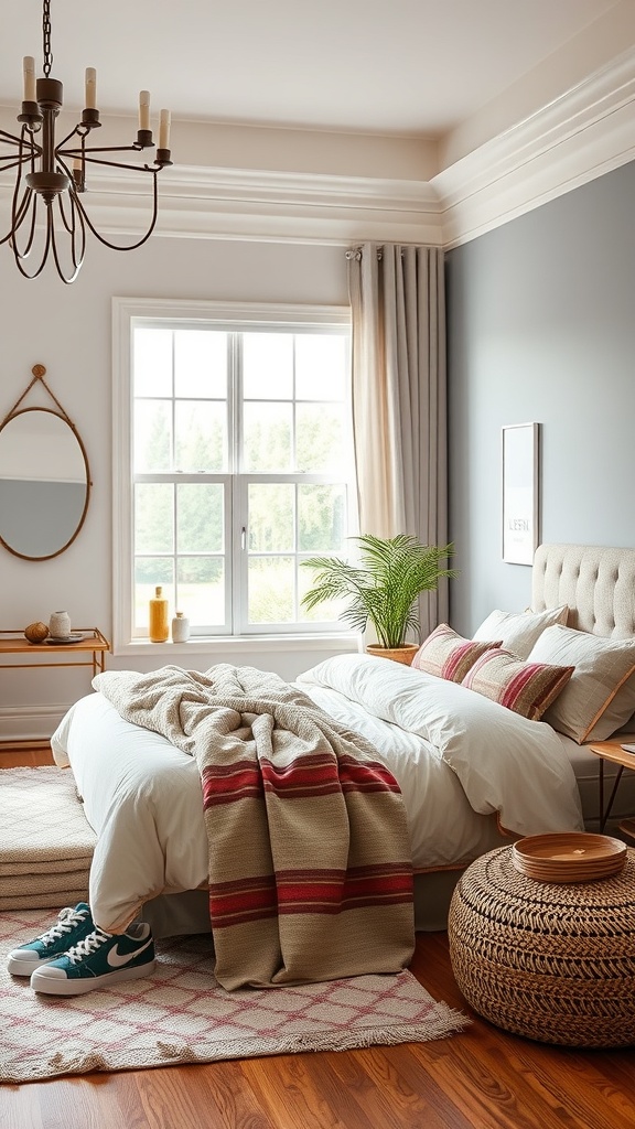 A stylish bedroom featuring luxurious bedding with a white comforter, striped throw blanket, and decorative pillows.