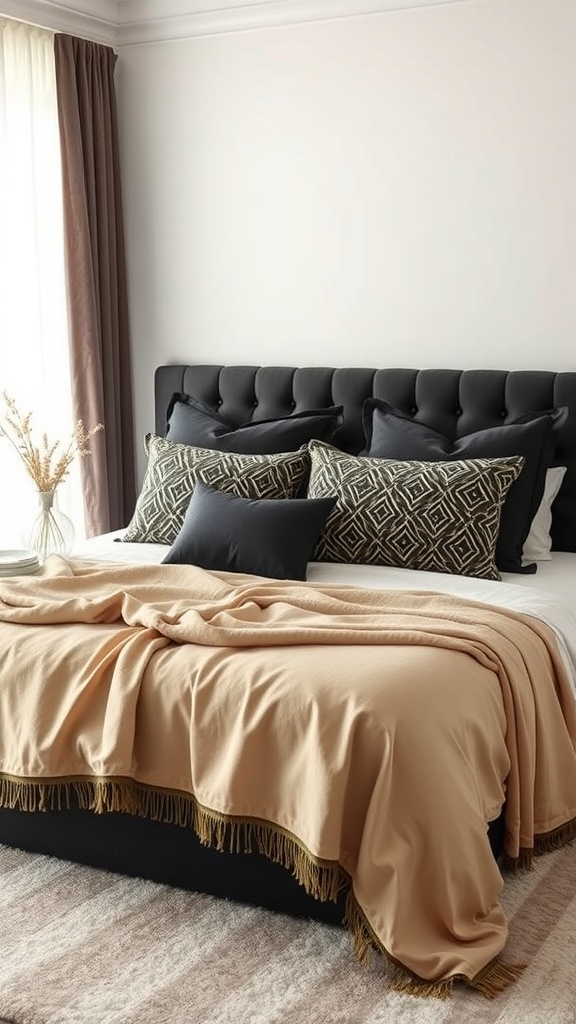 Luxurious black and gold bedding with decorative pillows and a beige blanket