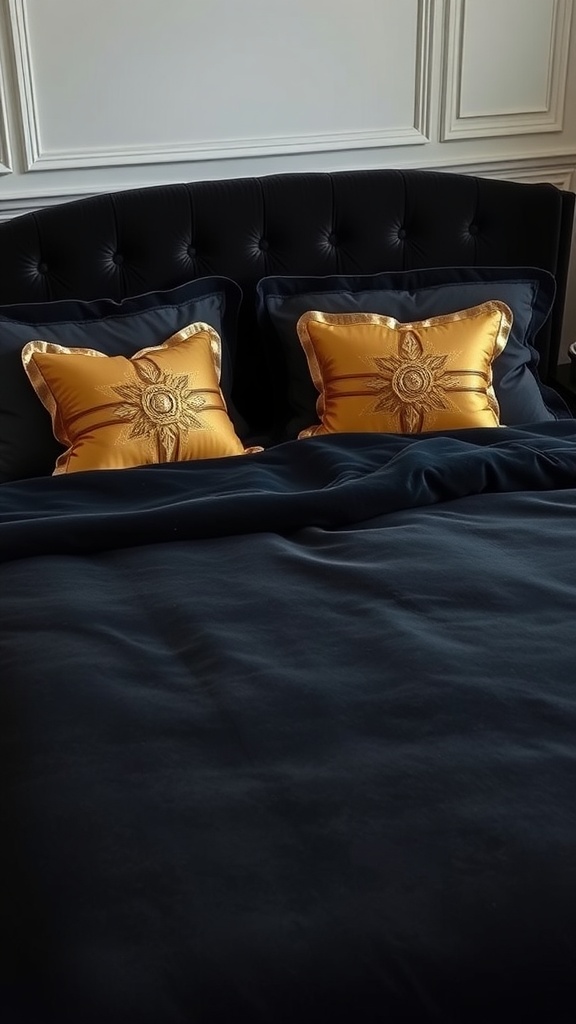 Luxurious black velvet bedding with gold decorative pillows