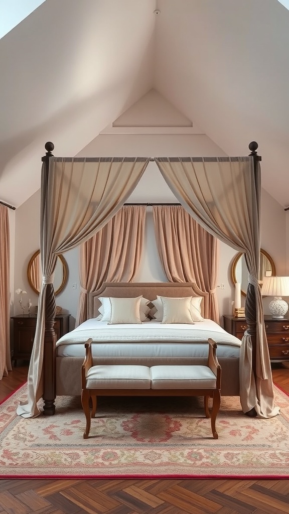 A luxurious canopy bed with soft drapes in a bedroom with a sloped ceiling
