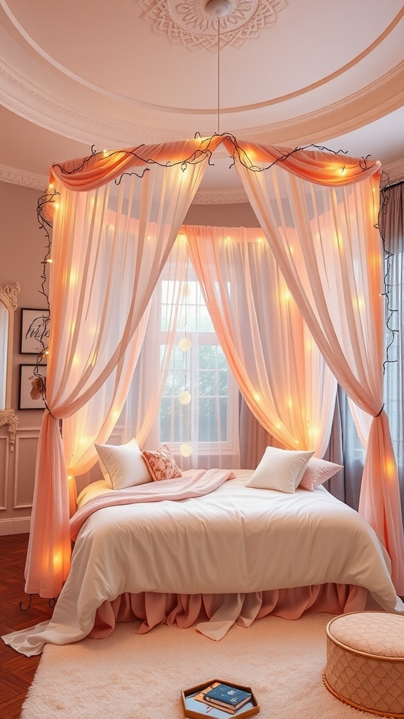 A cozy bedroom featuring a luxurious canopy bed draped in soft fabrics and fairy lights, creating a dreamy and inviting atmosphere.