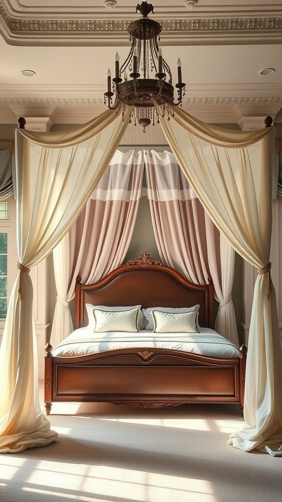 Luxurious canopy bed with a wooden frame and flowing curtains in an elegant bedroom setting.