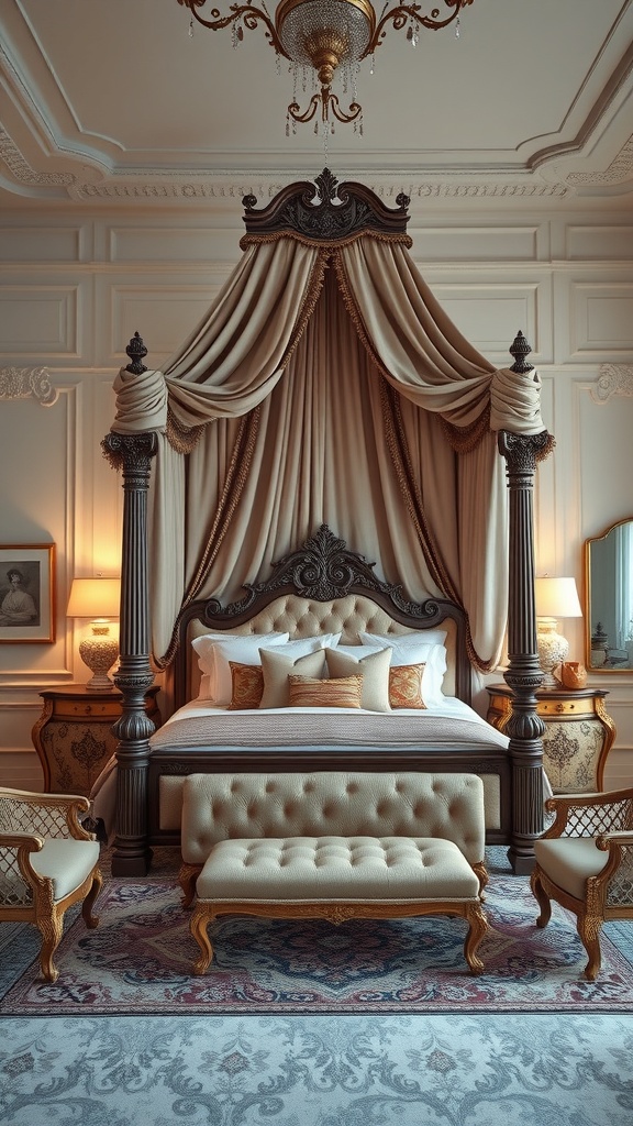 Luxurious canopy bed with ornate details and soft drapery in an elegant bedroom