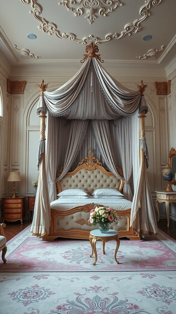 Luxurious bedroom featuring a canopy bed with elegant drapes and ornate details.