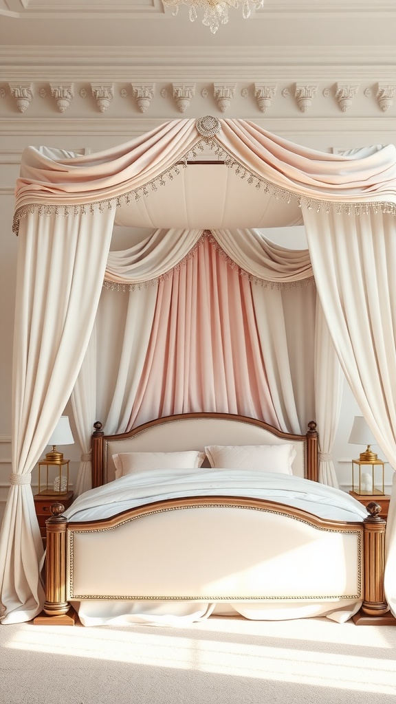 A four-poster bed with luxurious canopy drapes in cream and soft pink colors.
