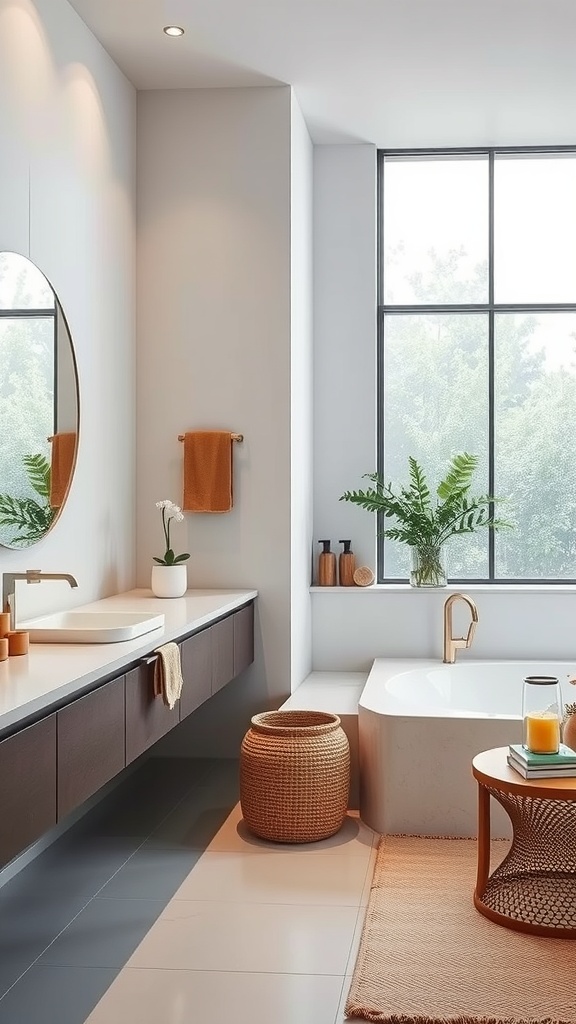 A modern bathroom featuring a Corian countertop, large mirror, and natural light from a window.