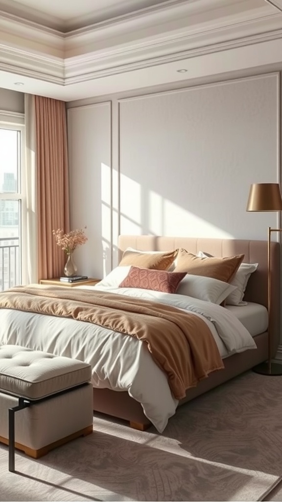 A cozy bedroom featuring a corner bed with textured fabrics, layered bedding in soft tones, and a plush ottoman.