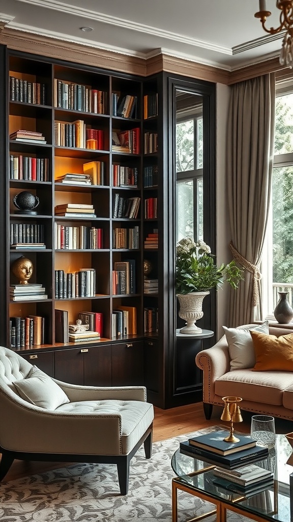 Luxurious corner bookshelf with dark wood, glass accents, and a cozy reading nook.
