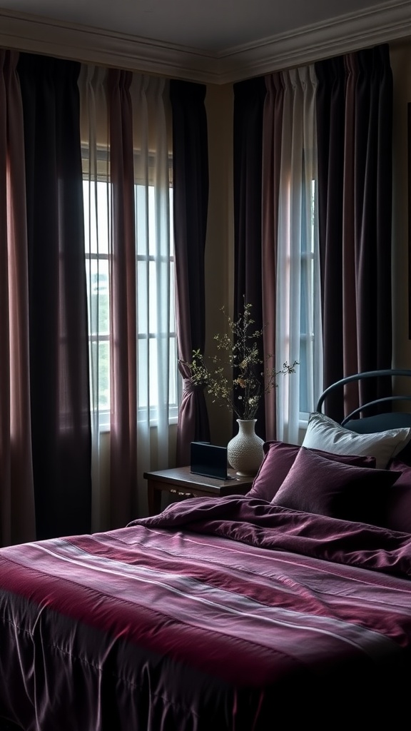 A cozy dark bedroom with rich textiles, luxurious bedding, and flowing curtains.