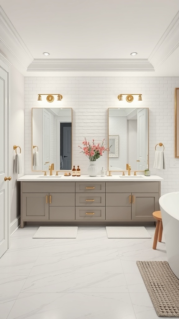 Luxurious double vanity bathroom setup with gray cabinetry and gold accents.