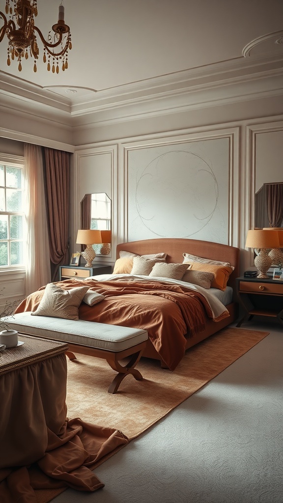 A luxurious bedroom with warm earth tones, plush bedding, and elegant decor.