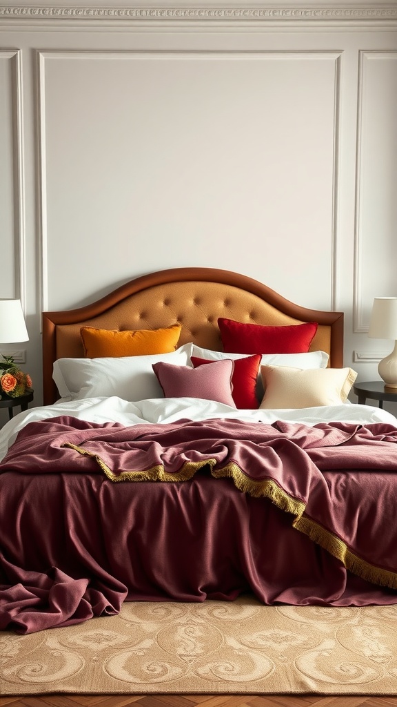 Luxurious bedroom featuring a plush headboard, colorful cushions, and elegant bedding.