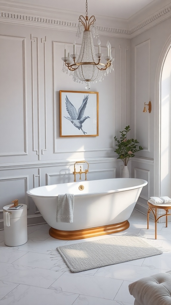 A luxurious bathroom featuring a freestanding bathtub, elegant chandelier, and stylish decor.