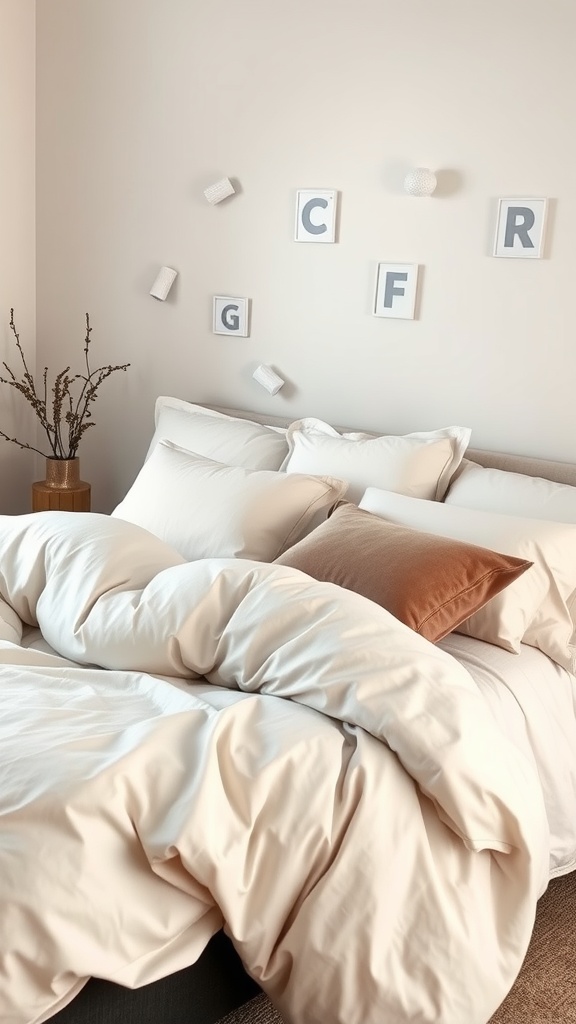 A cozy bedroom featuring luxurious greige bedding with accent pillows and decorative wall elements.
