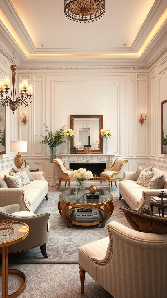 Luxurious living room with cream sofas, gold accents, and elegant decor.