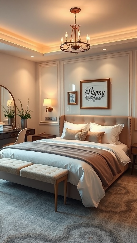 Luxurious basement bedroom with elegant decor and soft lighting