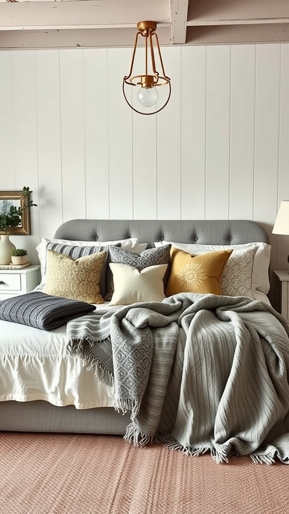 A cozy cottage bedroom featuring a layered bed with various pillows and throws, warm lighting, and a soft rug.