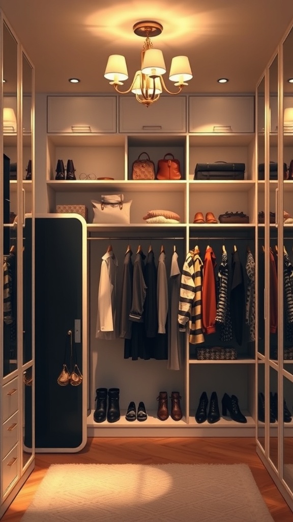Luxurious walk-in wardrobe with elegant lighting fixtures