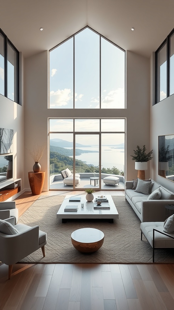A luxurious living room with large windows showcasing a beautiful view, featuring modern furniture and a cozy atmosphere.