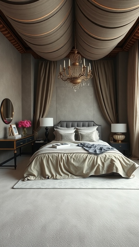 Luxurious loft bedroom with textured fabrics, a chandelier, and stylish decor