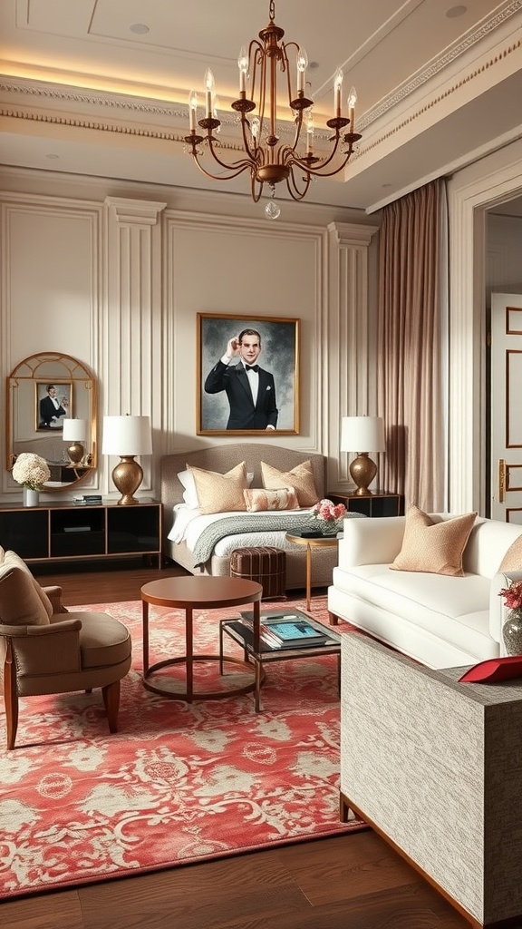 Luxurious living room with chandelier, elegant sofa, and decorative elements