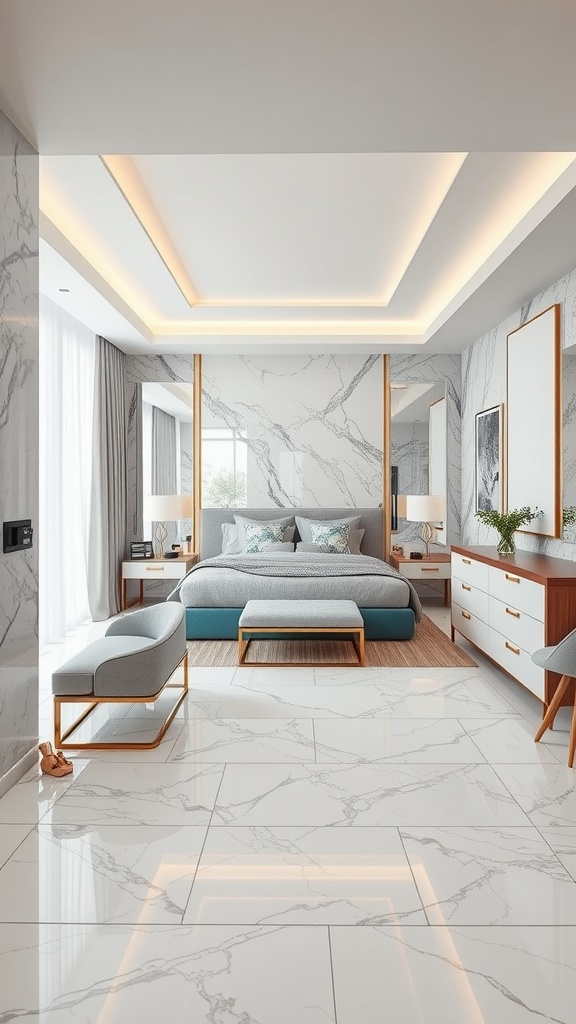 A modern bedroom featuring luxurious marble floor tiles, a stylish bed, and elegant decor.