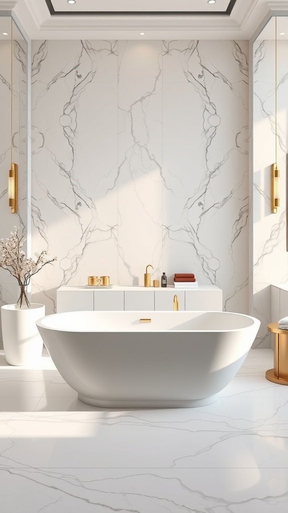 A luxurious bathroom featuring a freestanding bathtub surrounded by elegant marble walls and stylish decor.