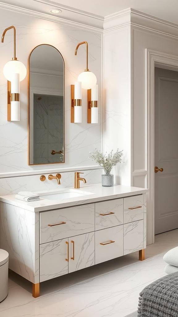 A luxurious bathroom featuring a marble vanity with gold fixtures, a large mirror, and stylish wall sconces.
