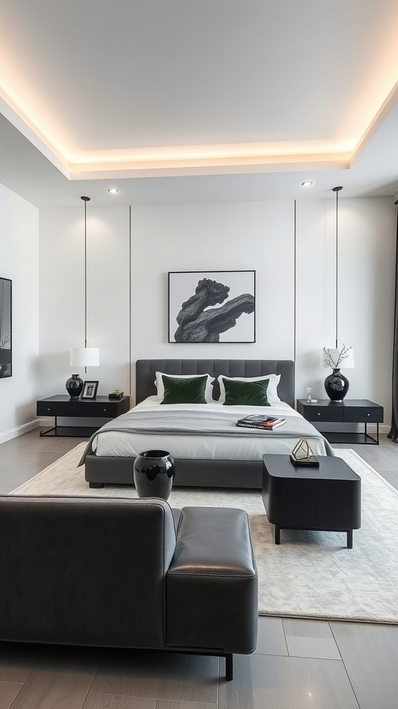 A luxurious minimalist bedroom featuring a monochrome palette with a gray bed, green pillows, and stylish lighting.