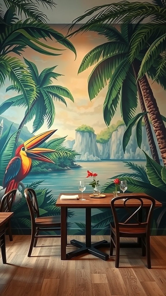 A vibrant mural of a tropical scene with a toucan, palm trees, and a serene ocean view, set in a dining area.