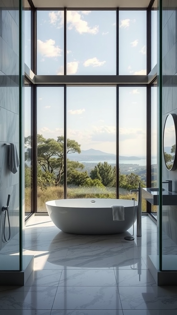 A luxurious bathroom with large windows showcasing nature views, featuring a freestanding bathtub.