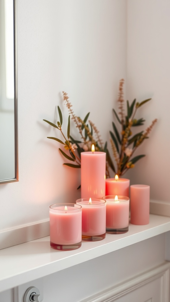 A collection of pink scented candles on a bathroom shelf with a plant.