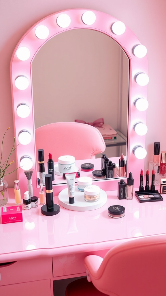 Luxurious pink vanity area with a mirror, lights, and neatly arranged cosmetics.