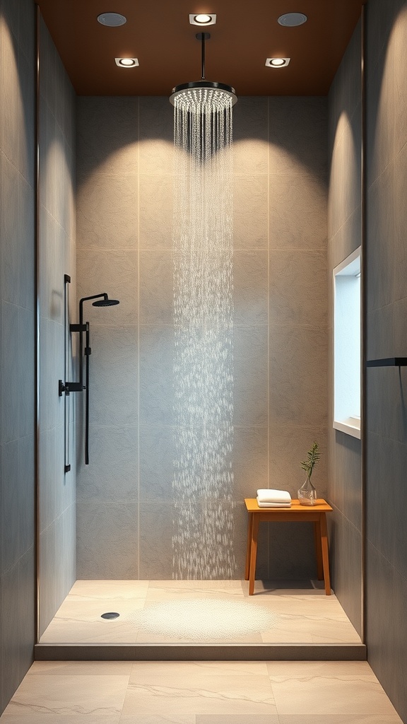 A luxurious walk-in shower featuring a rainfall showerhead, warm lighting, and natural stone tiles.