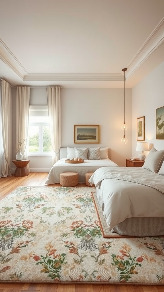 A stylish bedroom featuring a floral rug, neutral bedding, and soft lighting.