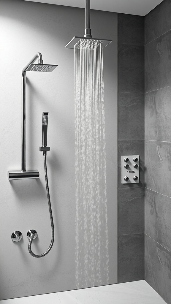 A modern shower with a rain showerhead and handheld sprayer, featuring a sleek design and stylish controls.