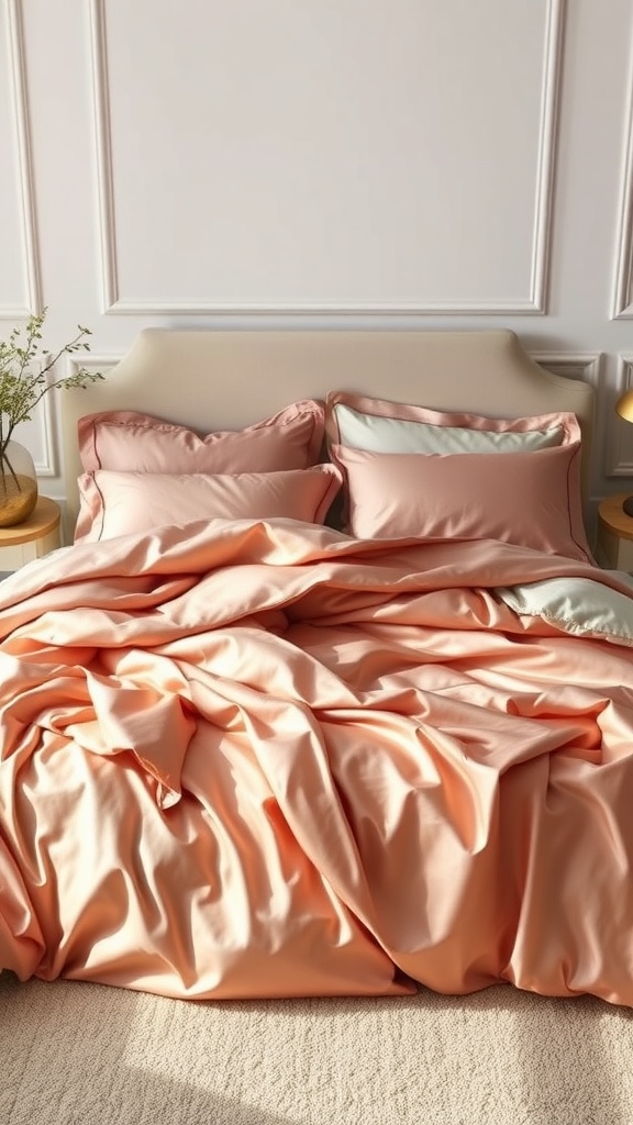 Luxurious silk bedding in soft peach tones with pillows on a bed
