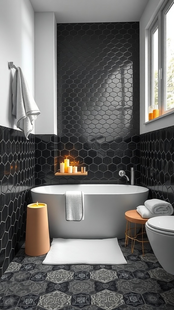 A modern bathroom featuring black hexagon tile flooring, a freestanding bathtub, candles, and natural light.