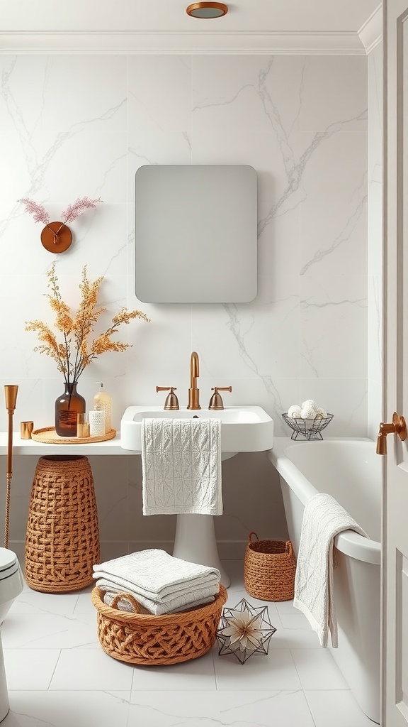 A modern bathroom with luxurious textiles, woven baskets, and elegant accessories.