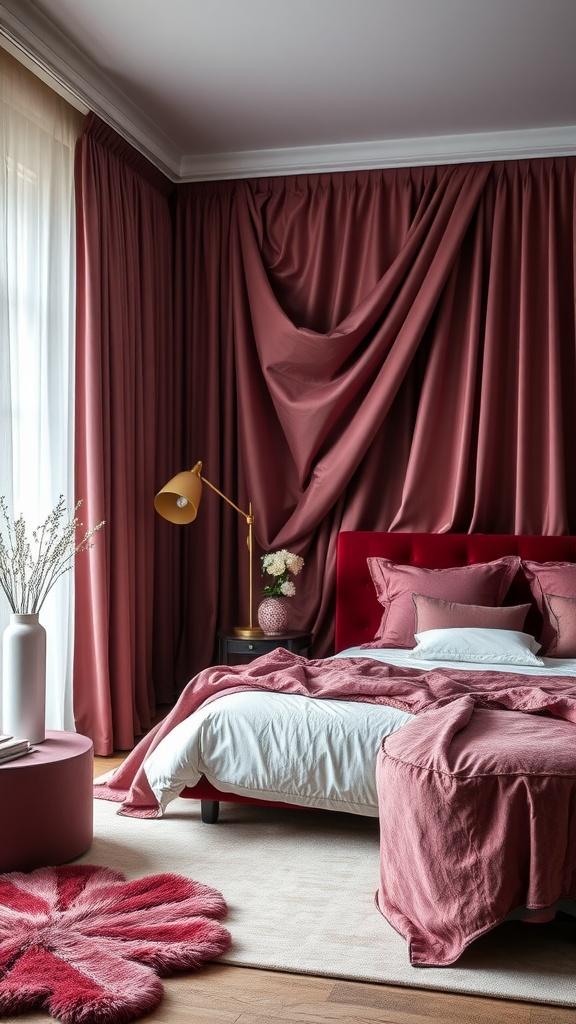 A stylish bedroom featuring luxurious burgundy curtains, layered bedding, and a fluffy rug.