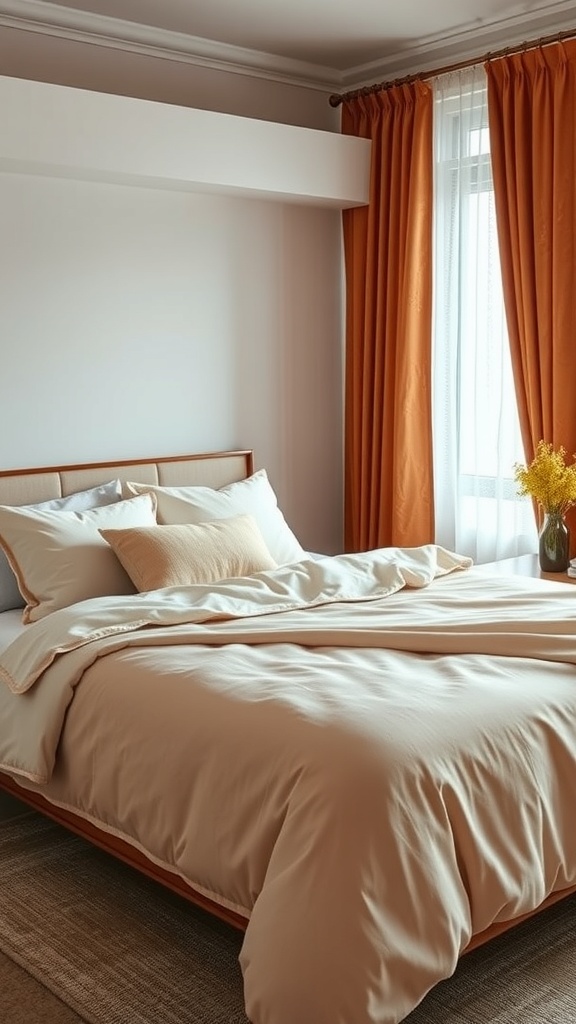 A warm and cozy bedroom featuring soft neutral bedding and rich orange curtains.