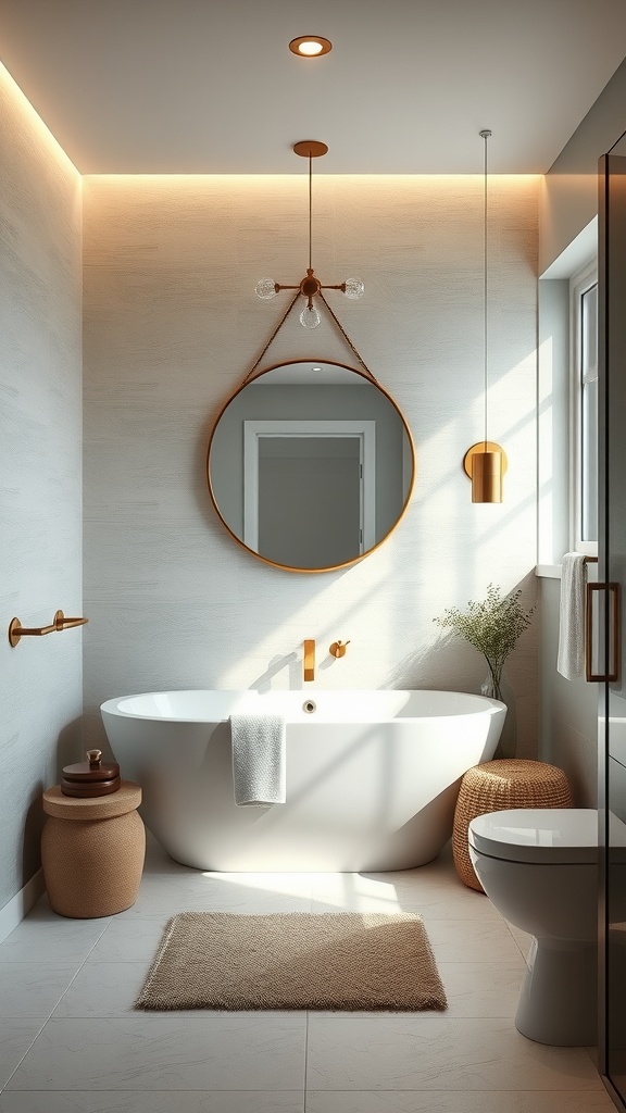 Luxurious powder bathroom with textured finishes, featuring a freestanding tub, round mirror, and warm lighting.