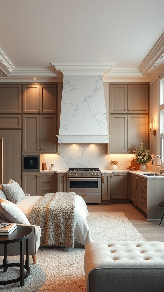 A modern kitchen featuring a marble chimney, warm wood cabinetry, and stylish decor.