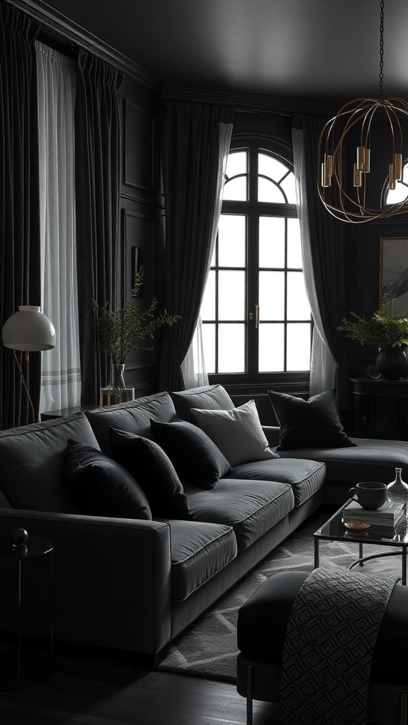 Luxurious black living room with velvet accents, featuring a plush sofa, stylish decor, and elegant lighting.