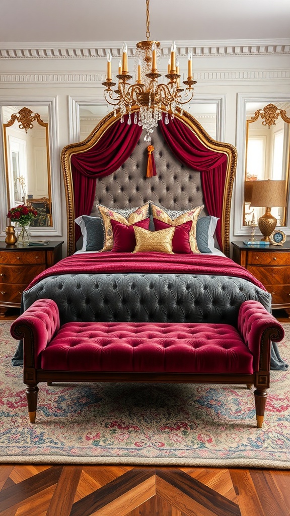 Luxurious velvet bench at the foot of a bed in a beautifully decorated bedroom
