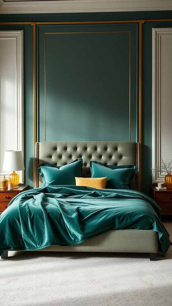 A luxurious bedroom featuring emerald green velvet bedding, complemented by a tufted headboard and gold accents on the walls.