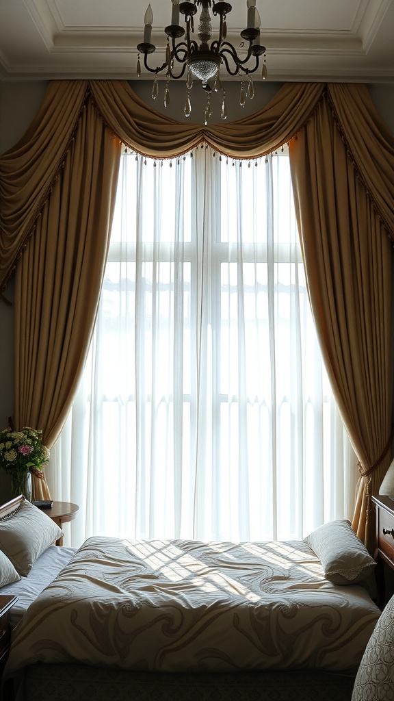A luxurious bedroom with elegant window treatments featuring layered curtains and a chandelier.