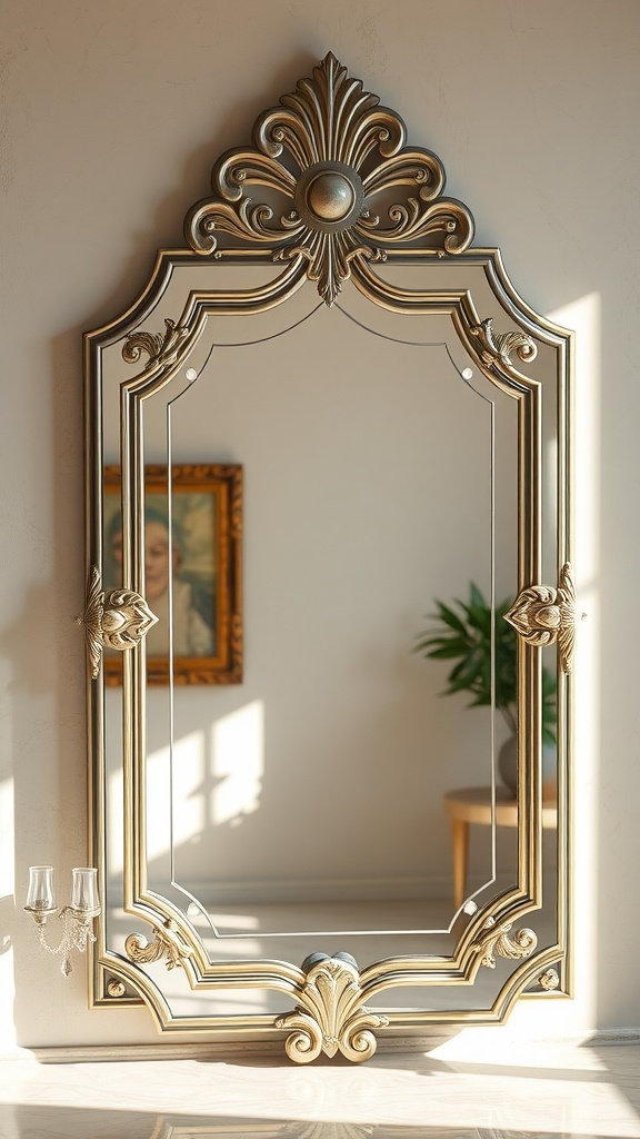 An ornate Art Deco mirror with a golden frame, reflecting a stylish interior.